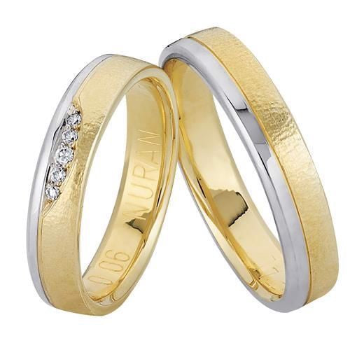 Smukke Nuran vielsesringe i 14 kt guld og hvidguld med 5 diamanter